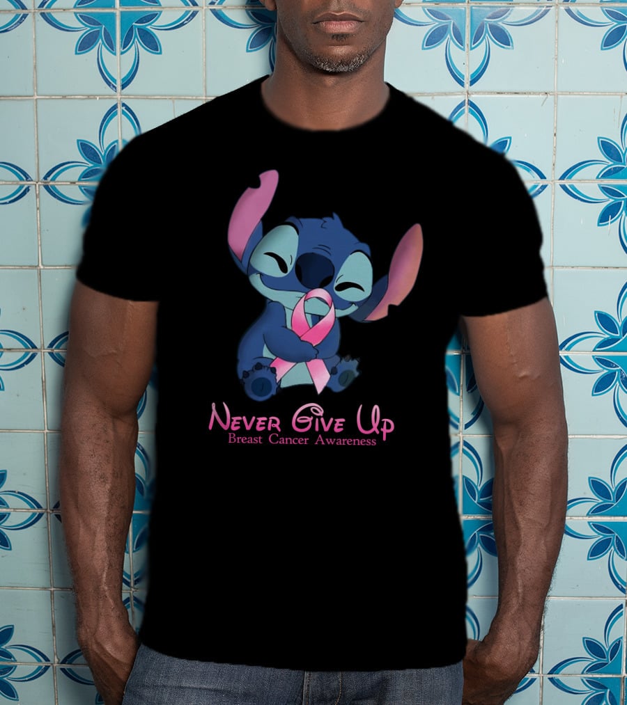 Never Give Up Breast Cancer Awareness Stitch Embrace T-Shirt