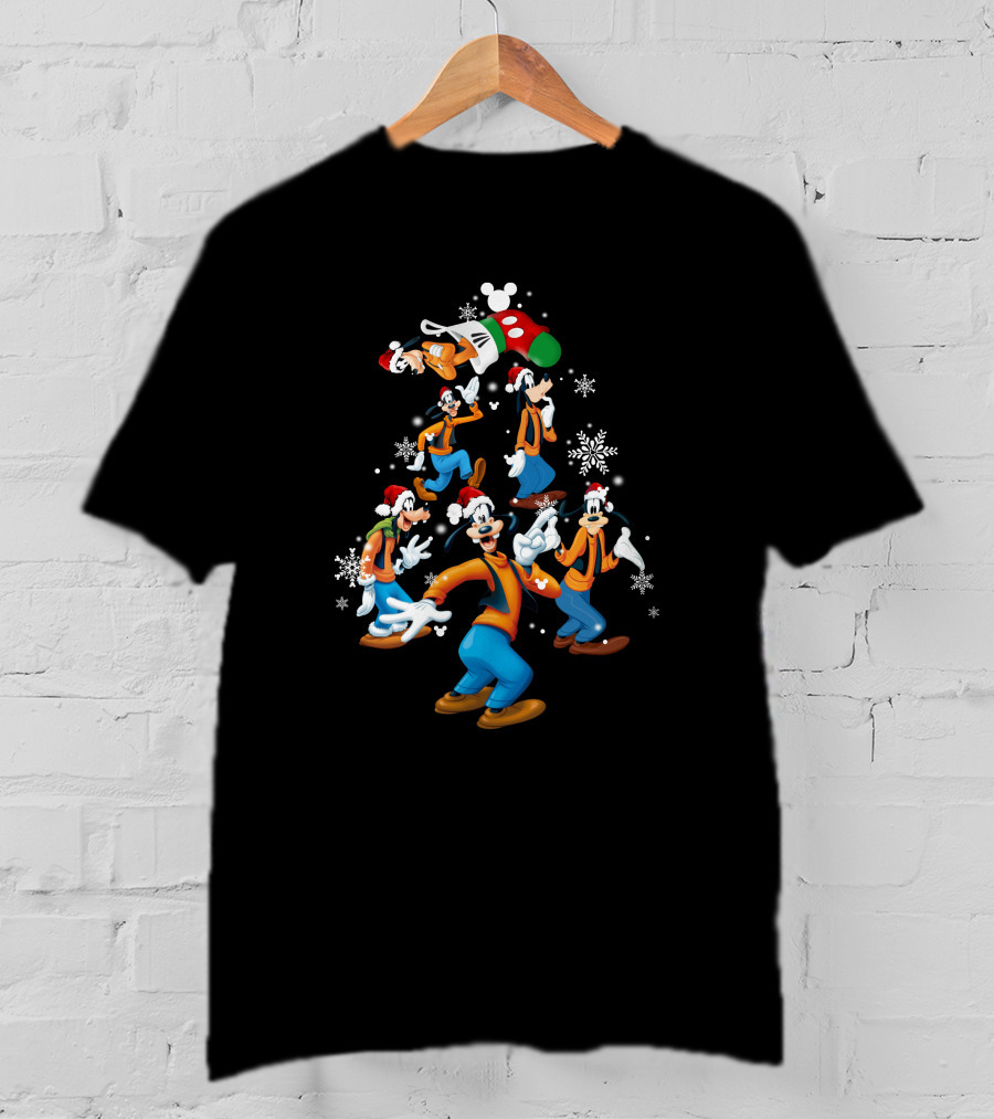 Disney Goofy Christmas Tree With Santa Hat And Snowflakes T-Shirt