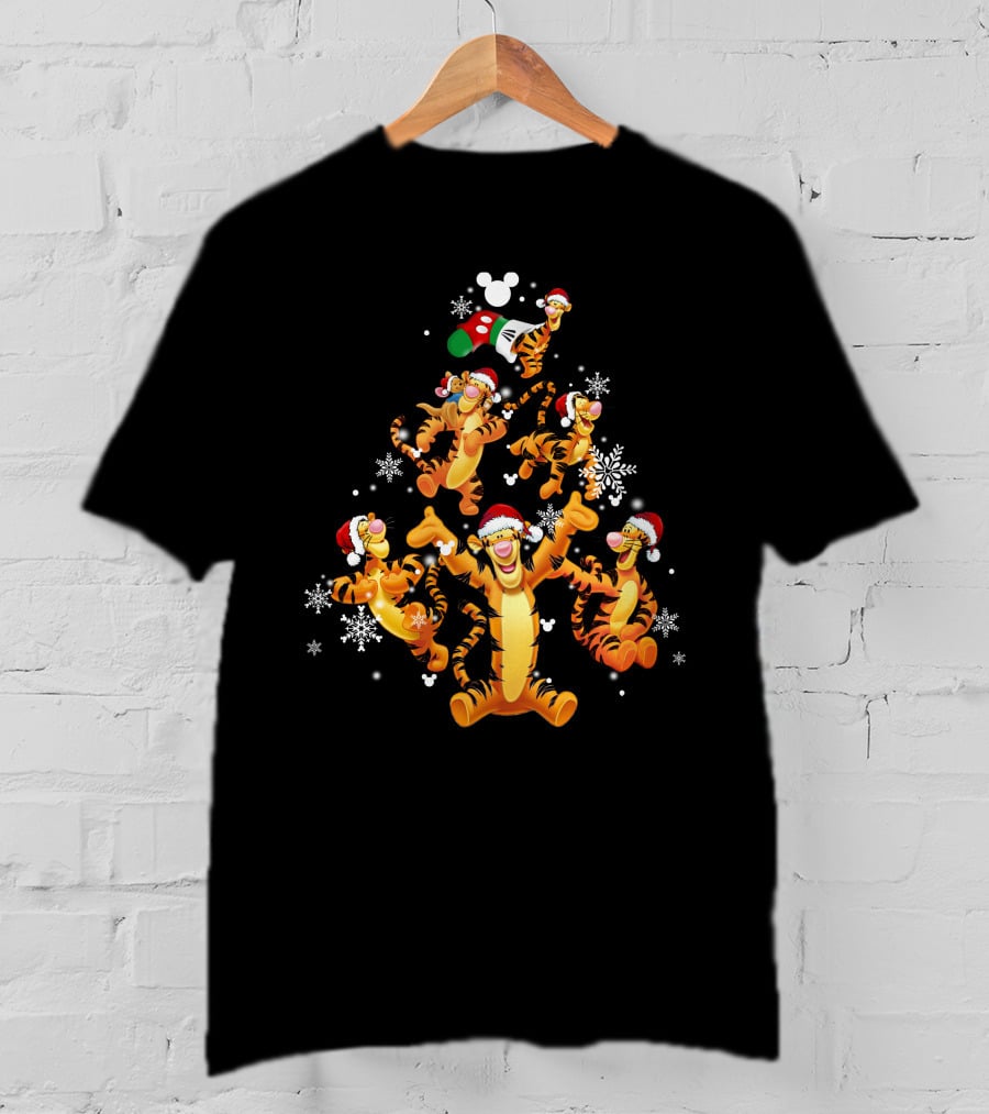 Tigger Christmas Tree Snowflakes Santa Hats Disney Mickey Icons T-Shirt
