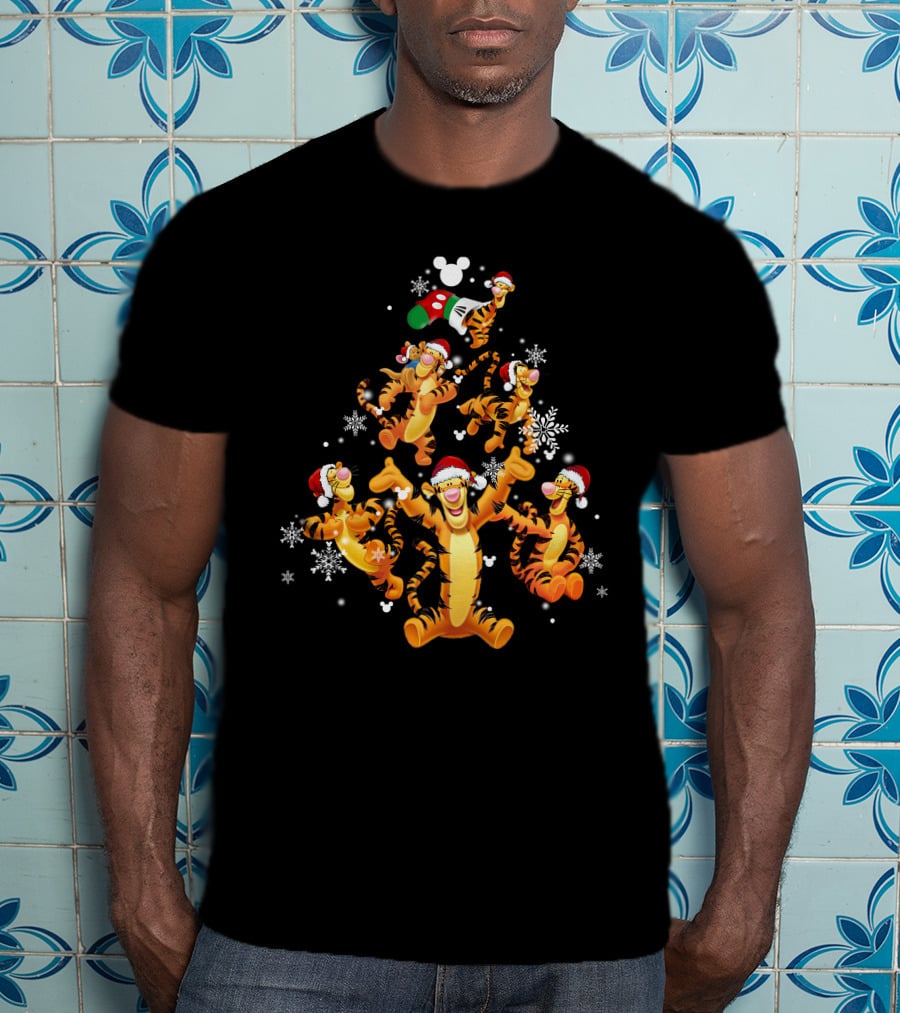 Tigger Christmas Tree Snowflakes Santa Hats Disney Mickey Icons T-Shirt