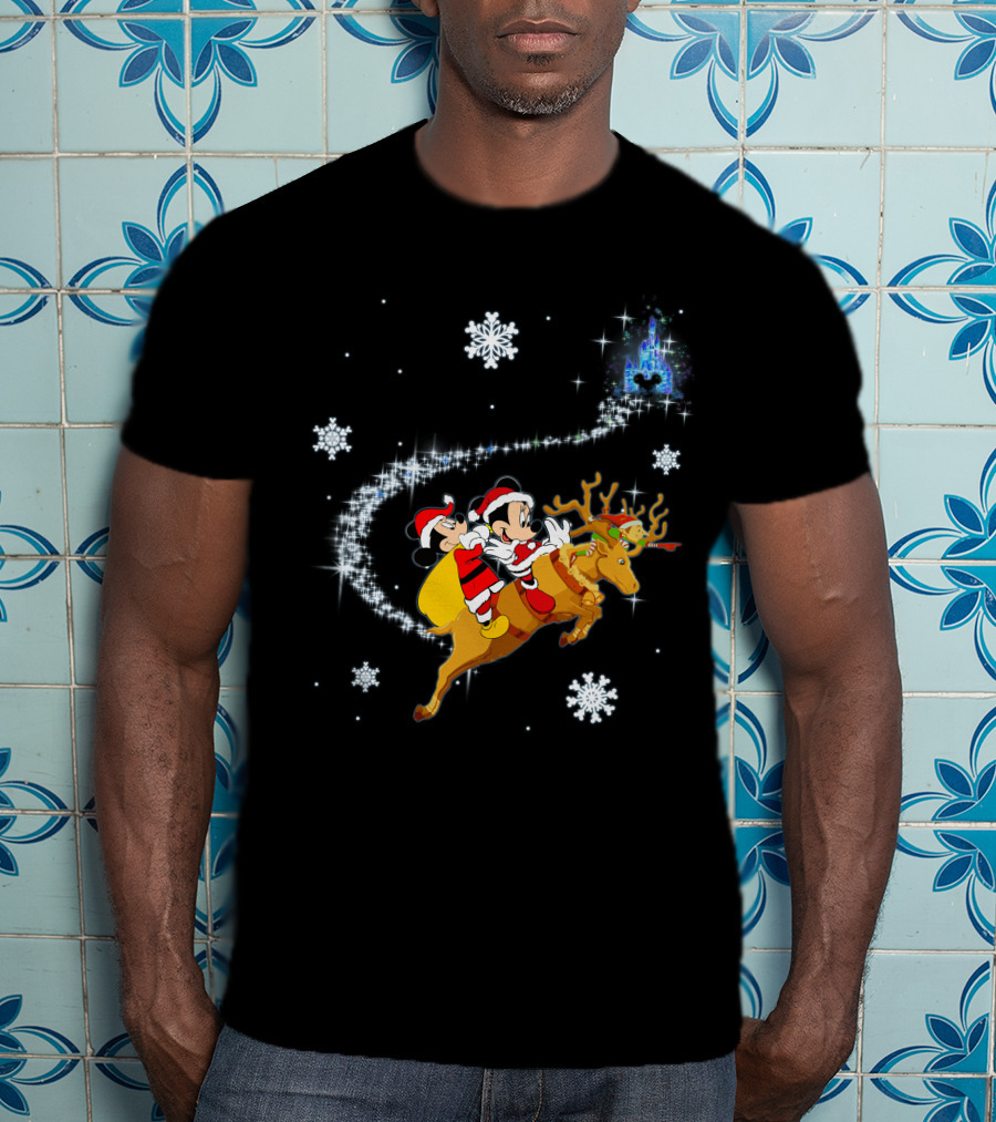 MK Deer Christmas Mickey And Minnie Santa Reindeer Snowflakes Disney Castle T-Shirt