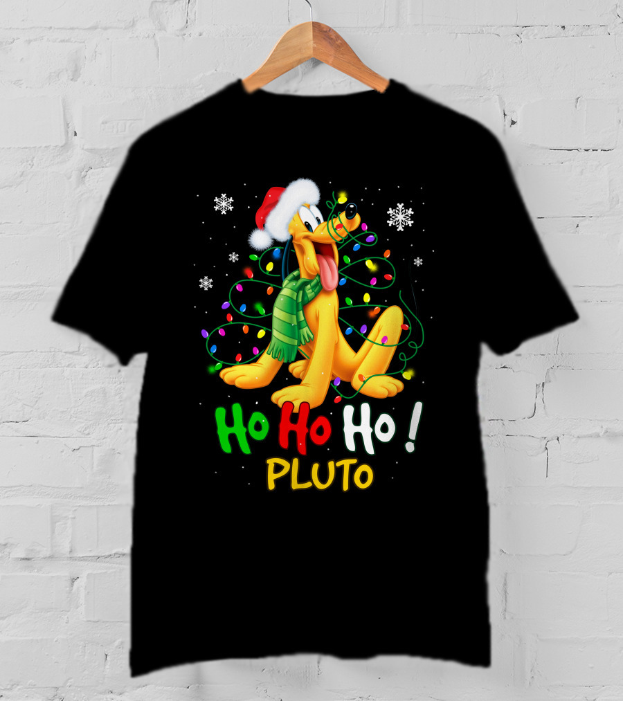 Ho Ho Ho Pluto Christmas Lights Santa Hat Snowflakes Scarf T-Shirt