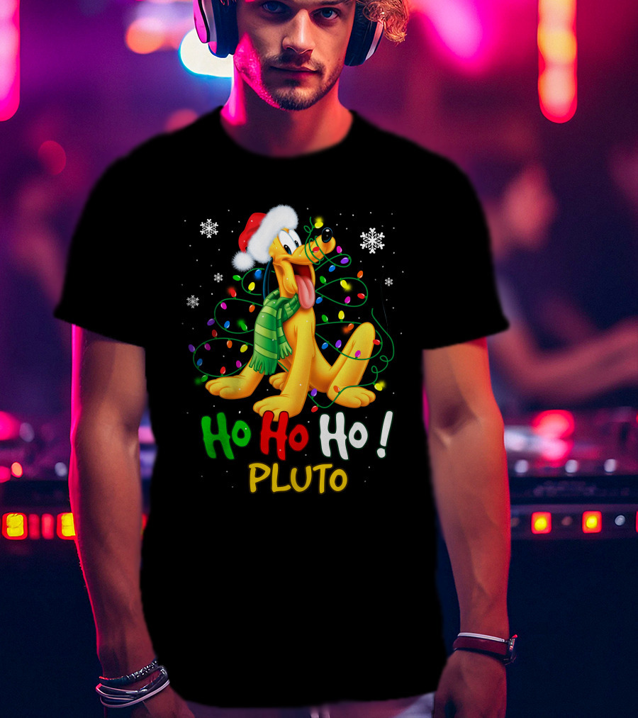 Ho Ho Ho Pluto Christmas Lights Santa Hat Snowflakes Scarf T-Shirt