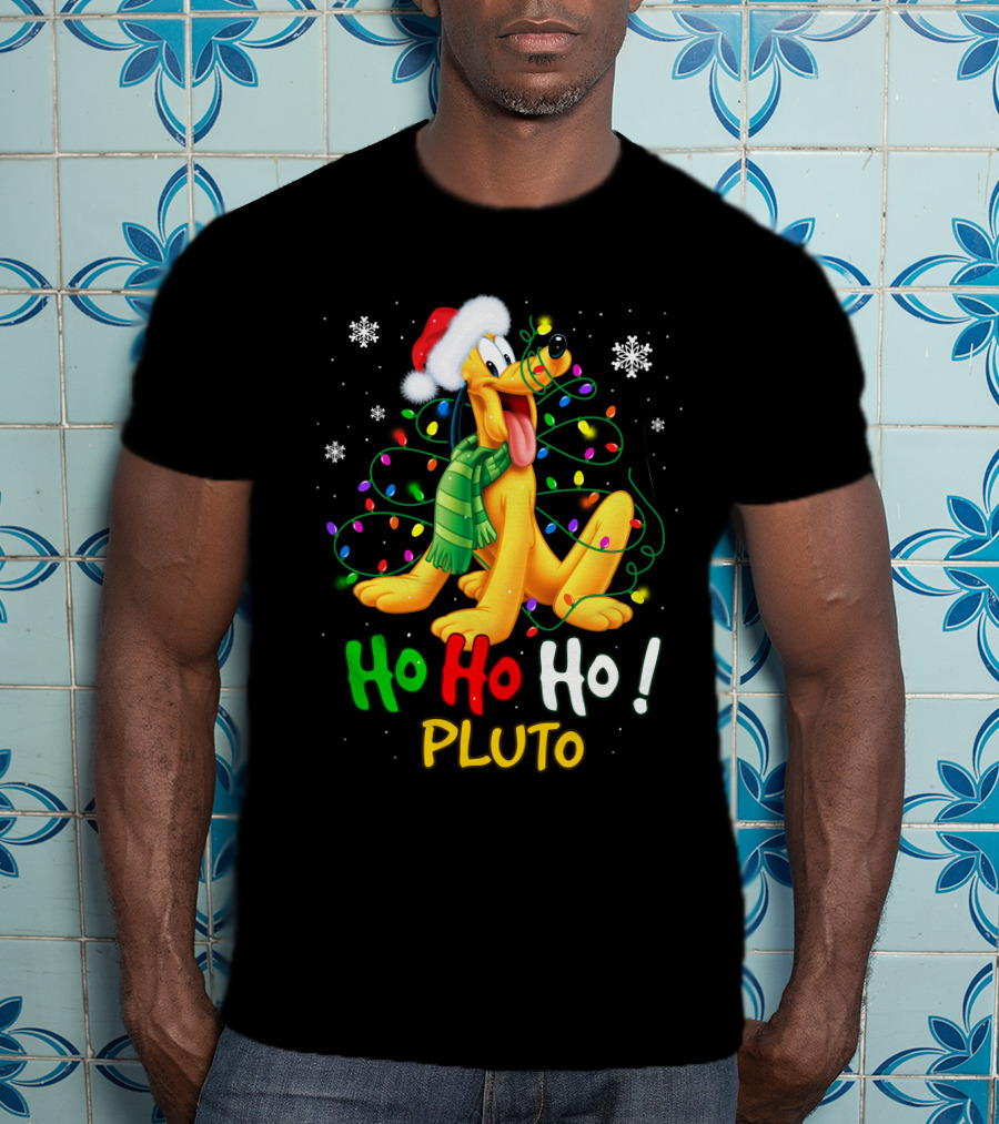 Ho Ho Ho Pluto Christmas Lights Santa Hat Snowflakes Scarf T-Shirt