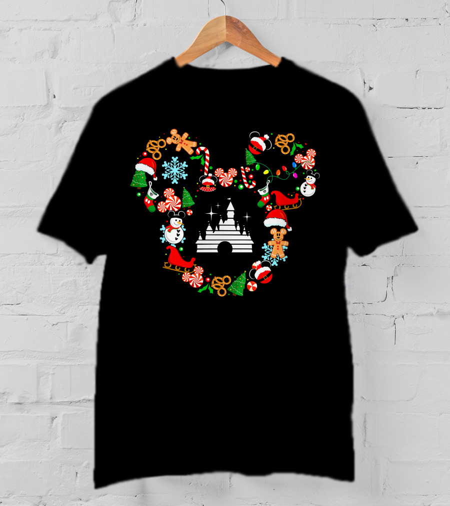 Disney Christmas Castle Mickey Head Holiday Icons T-Shirt