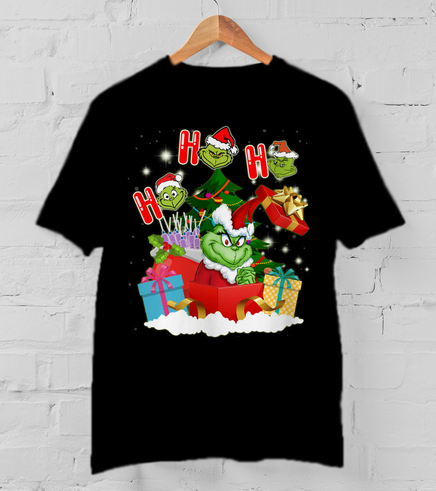 Grinch Christmas Ho Ho Ho Presents Tree Gifts Holiday Scene T-Shirt