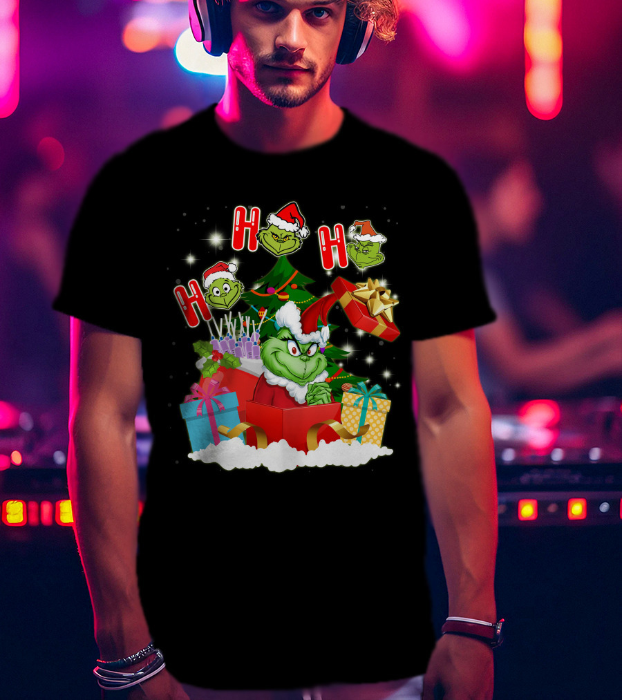 Grinch Christmas Ho Ho Ho Presents Tree Gifts Holiday Scene T-Shirt