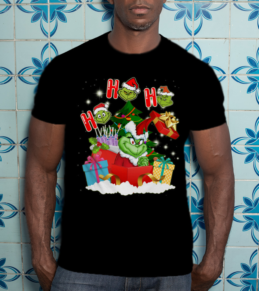 Grinch Christmas Ho Ho Ho Presents Tree Gifts Holiday Scene T-Shirt