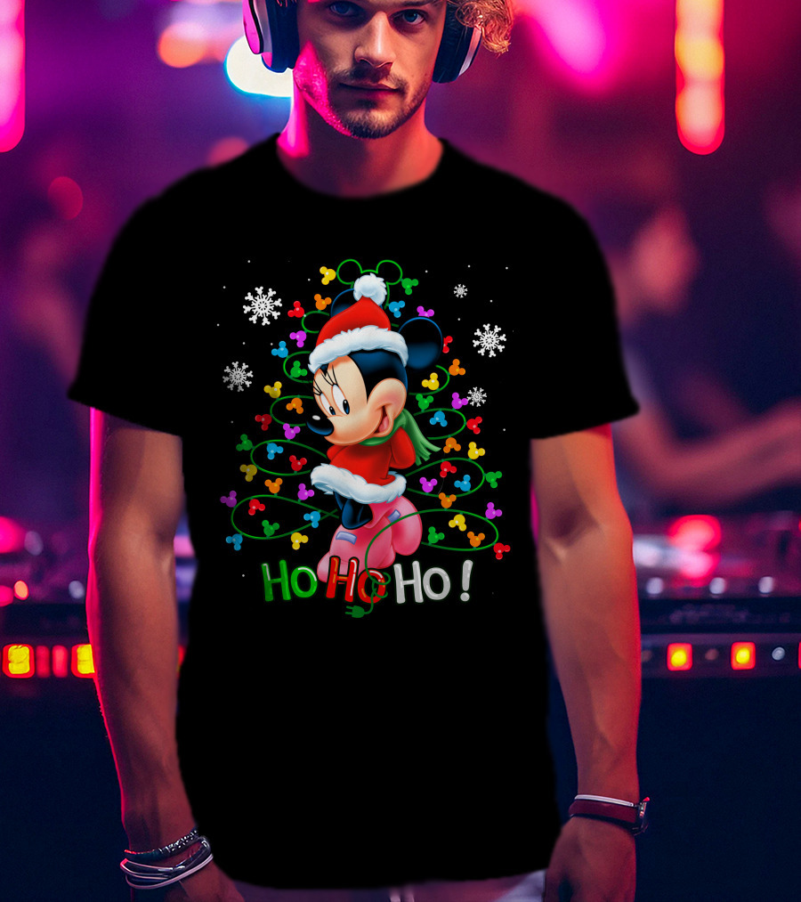 MN HHH Christmas Ho Ho Ho Santa Mickey Mouse Snowflakes Lights T-Shirt