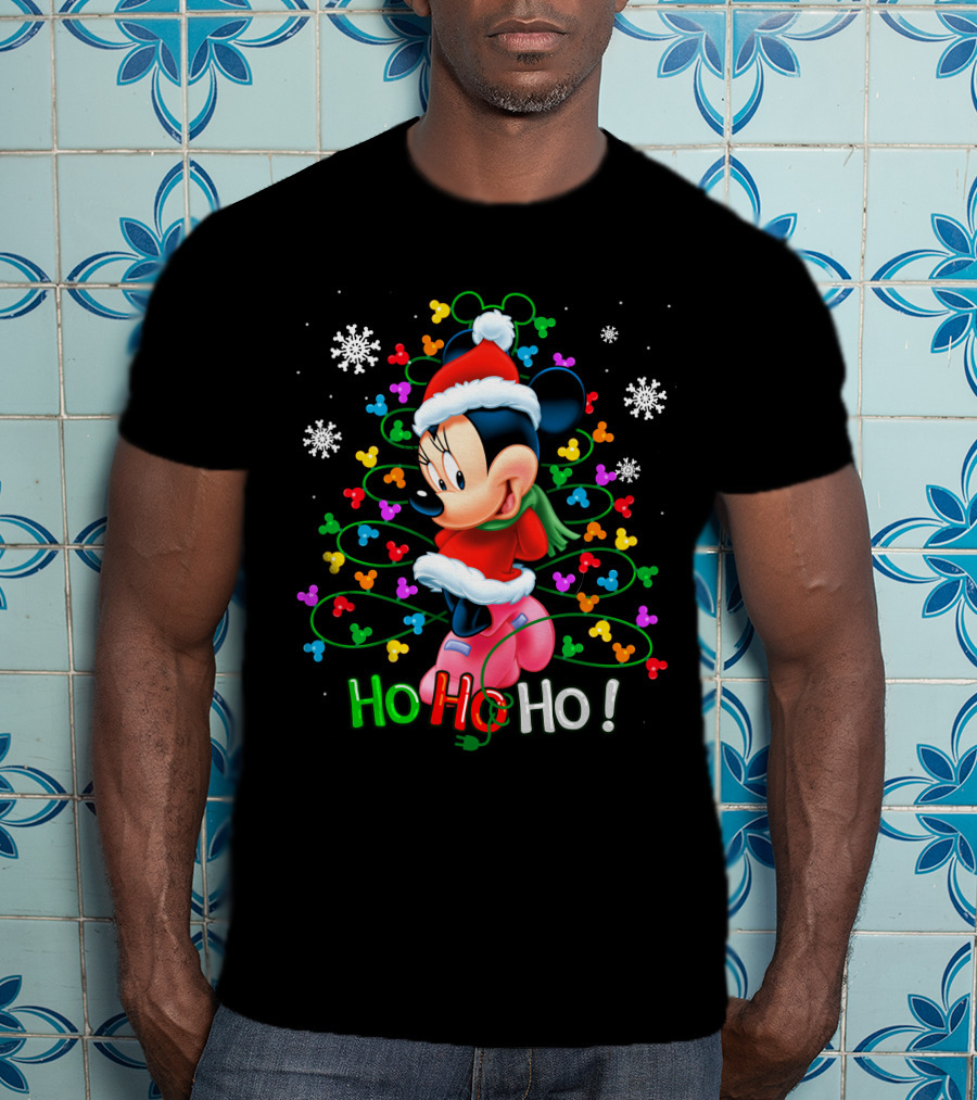 MN HHH Christmas Ho Ho Ho Santa Mickey Mouse Snowflakes Lights T-Shirt