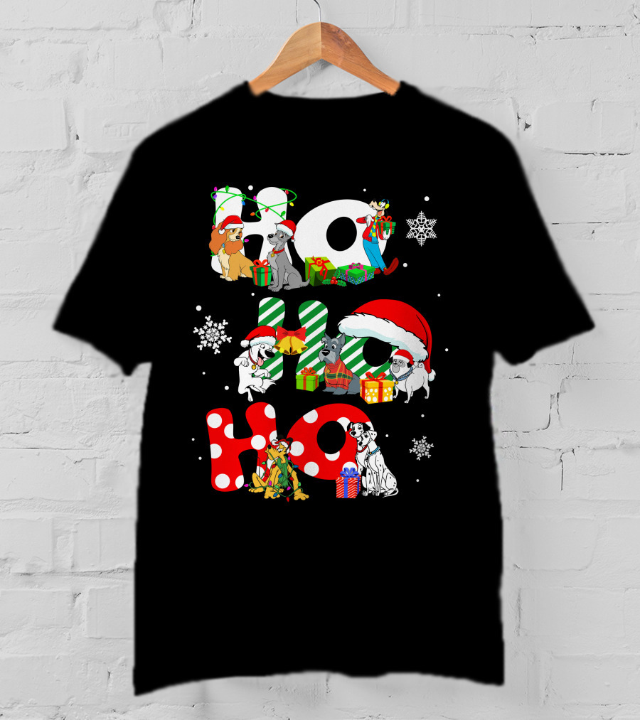 Ho Ho Ho Christmas Dogs And Snowflakes T-Shirt