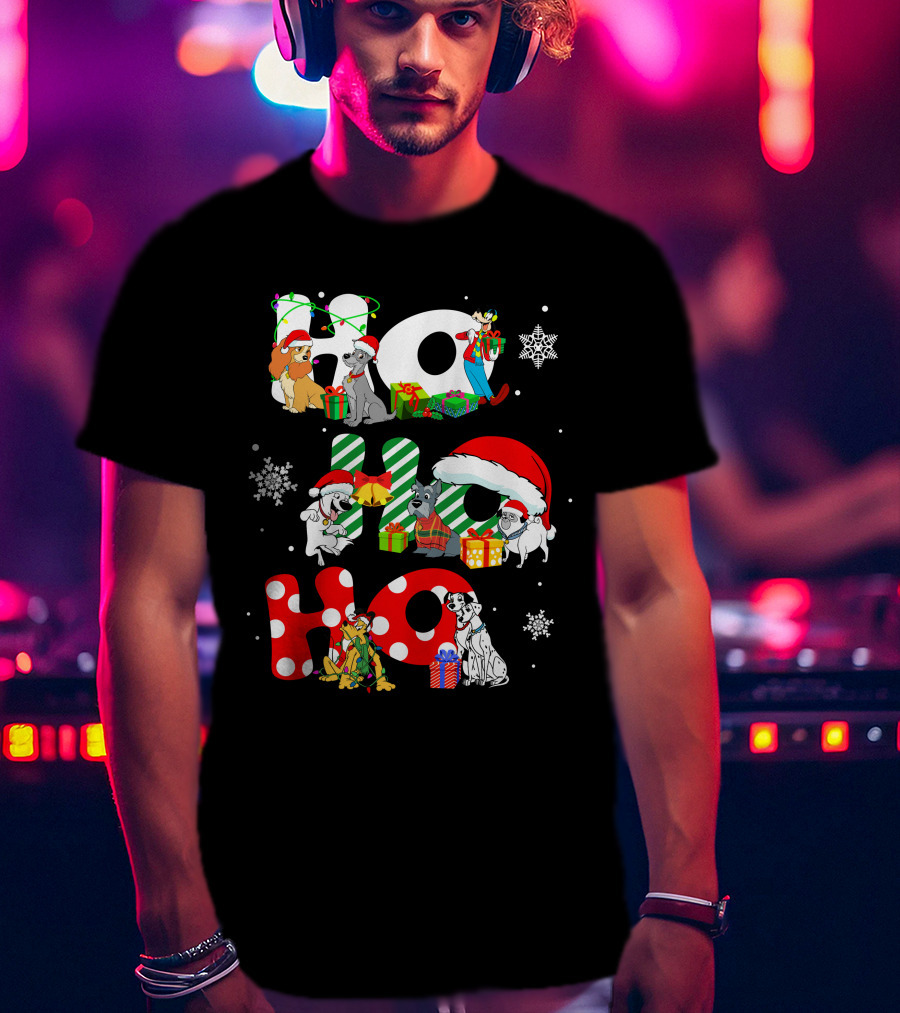 Ho Ho Ho Christmas Dogs And Snowflakes T-Shirt