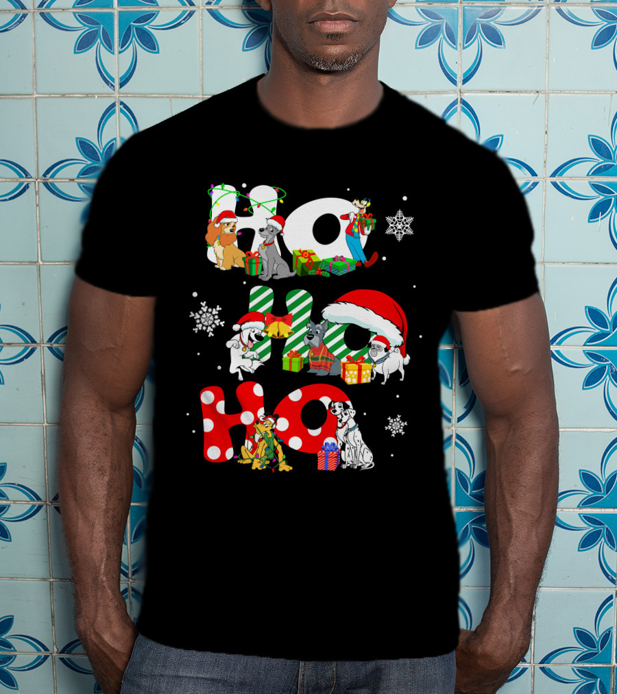 Ho Ho Ho Christmas Dogs And Snowflakes T-Shirt