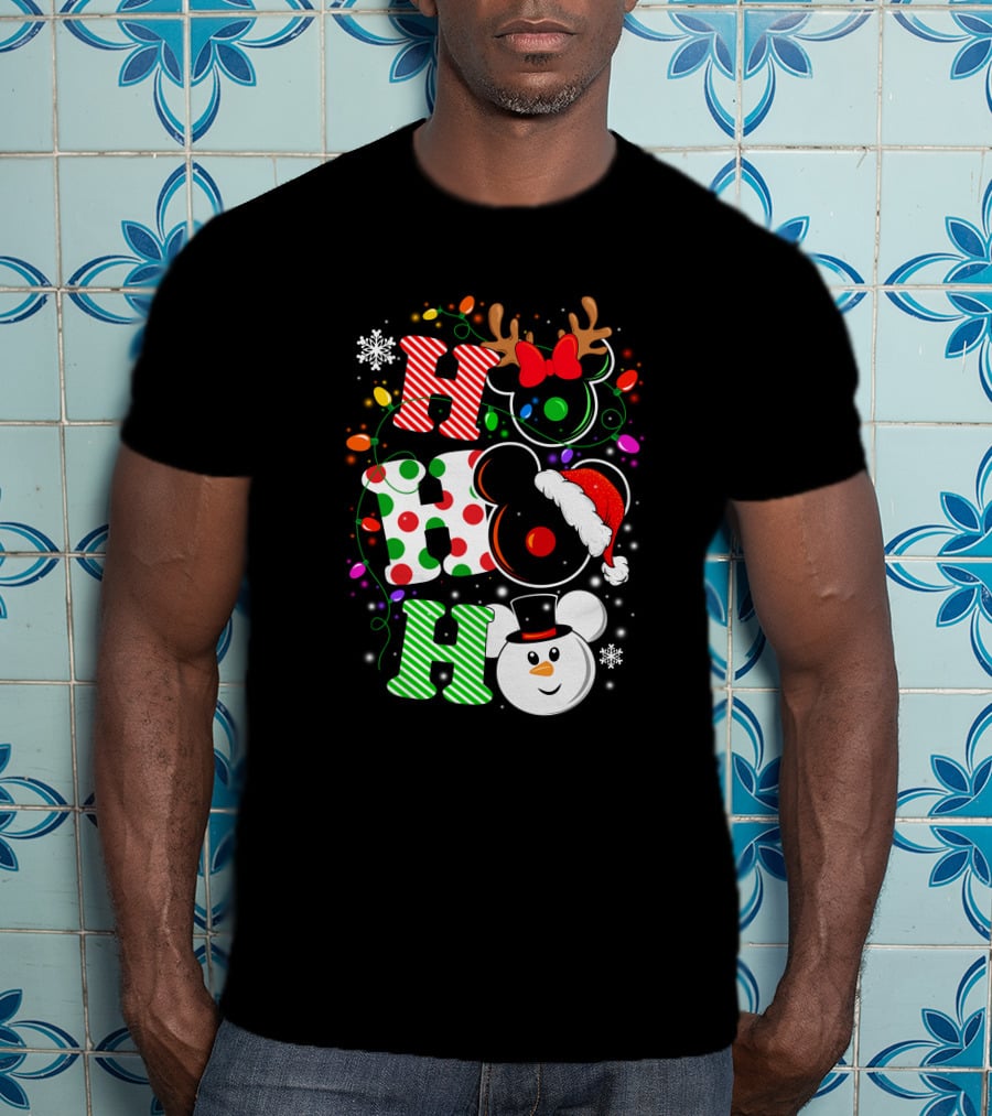 HHH Christmas Ho Ho Ho Disney Snowman Reindeer Ears Santa Hat Lights Bow T-Shirt