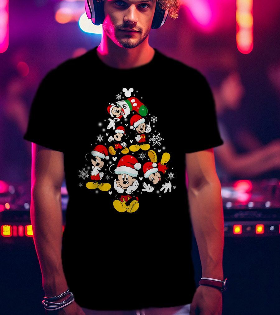 MK Tree Christmas Mickey Mouse Santa Snowflakes T-Shirt