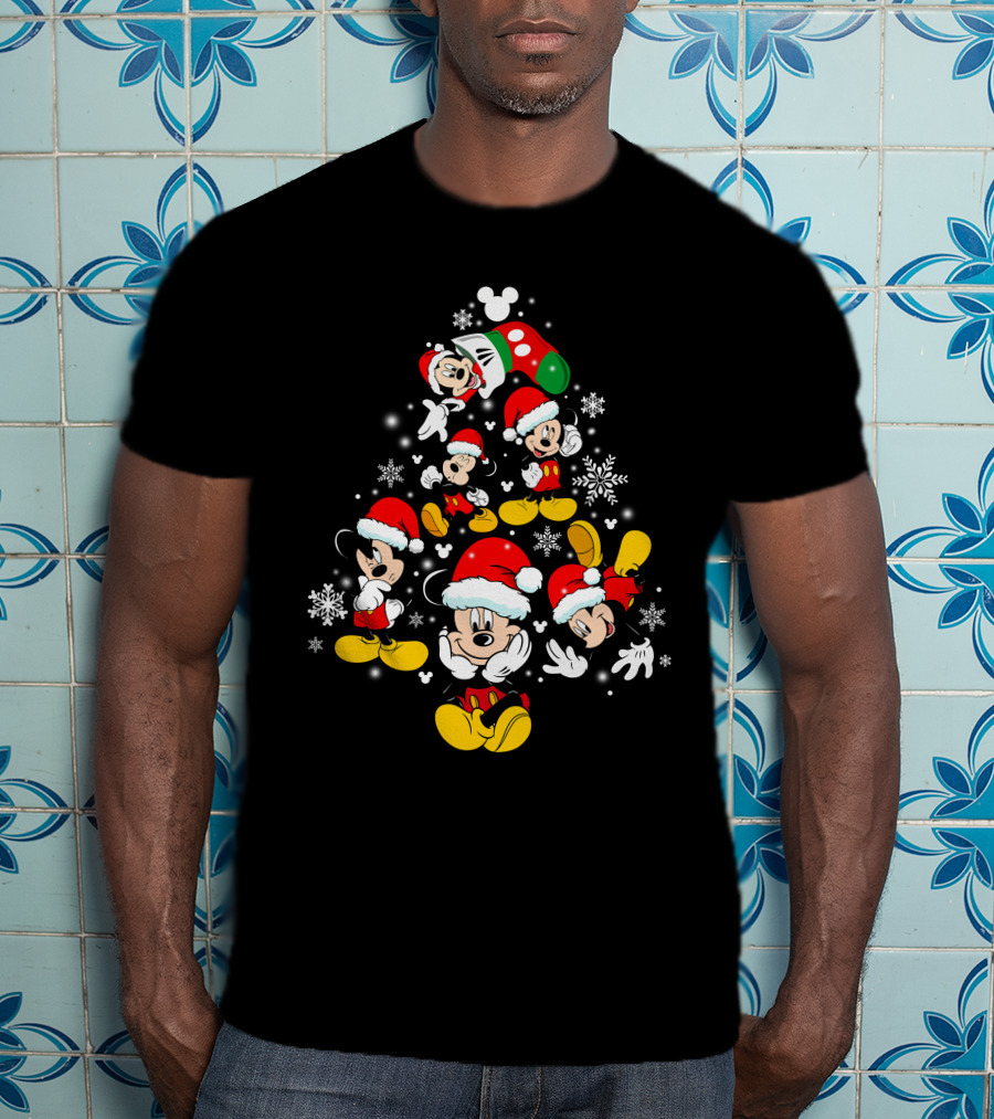 MK Tree Christmas Mickey Mouse Santa Snowflakes T-Shirt