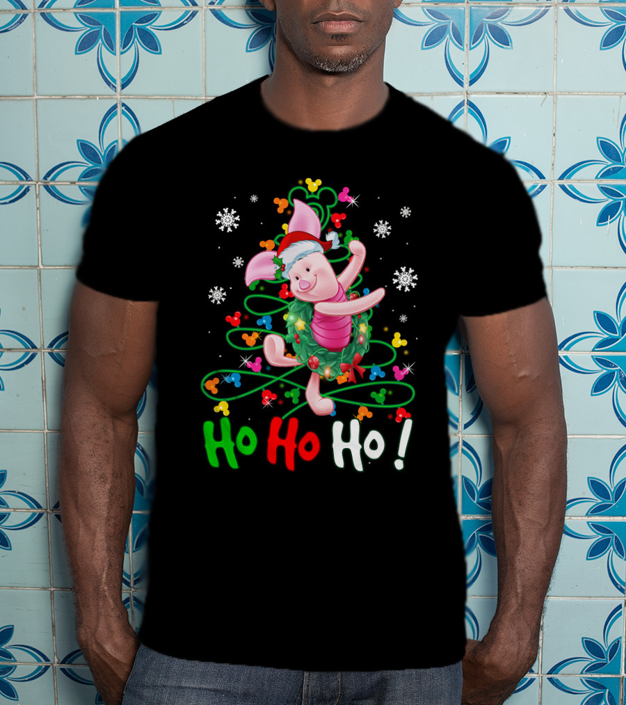 Ho Ho Ho Piglet Christmas Festive Wreath And Santa Hat T-Shirt