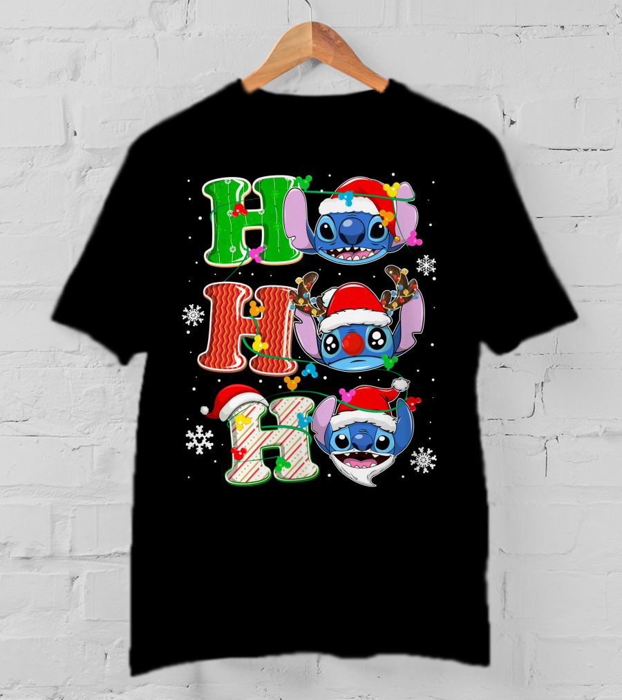 ST HHH Christmas Ho Ho Ho Stitch Holiday Sweater Santa Hat Snowflakes T-Shirt