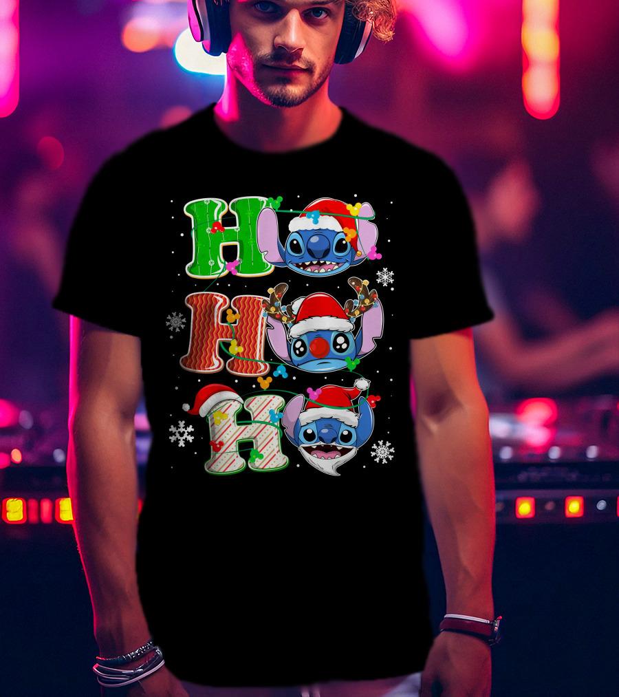 ST HHH Christmas Ho Ho Ho Stitch Holiday Sweater Santa Hat Snowflakes T-Shirt