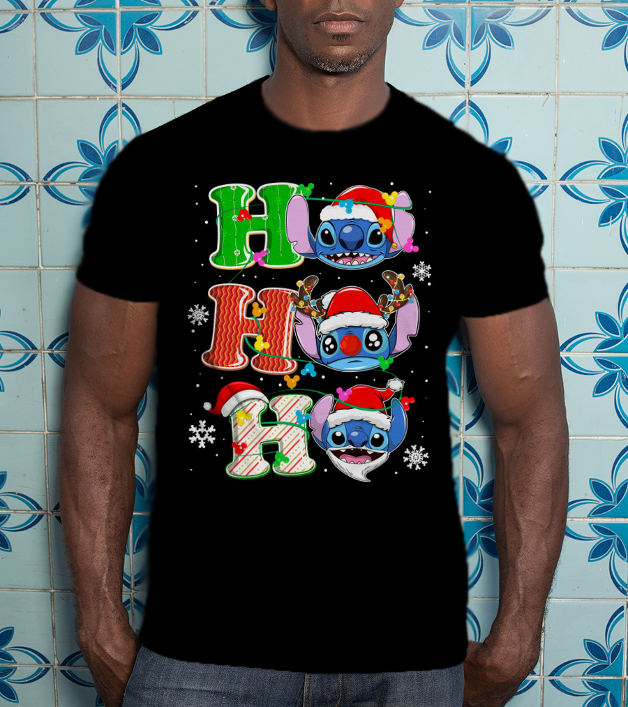 ST HHH Christmas Ho Ho Ho Stitch Holiday Sweater Santa Hat Snowflakes T-Shirt