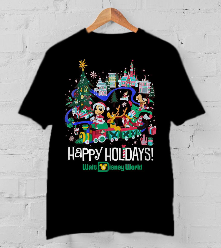 Walt Disney World Happy Holidays Christmas Mickey And Friends Festive Scene T-Shirt