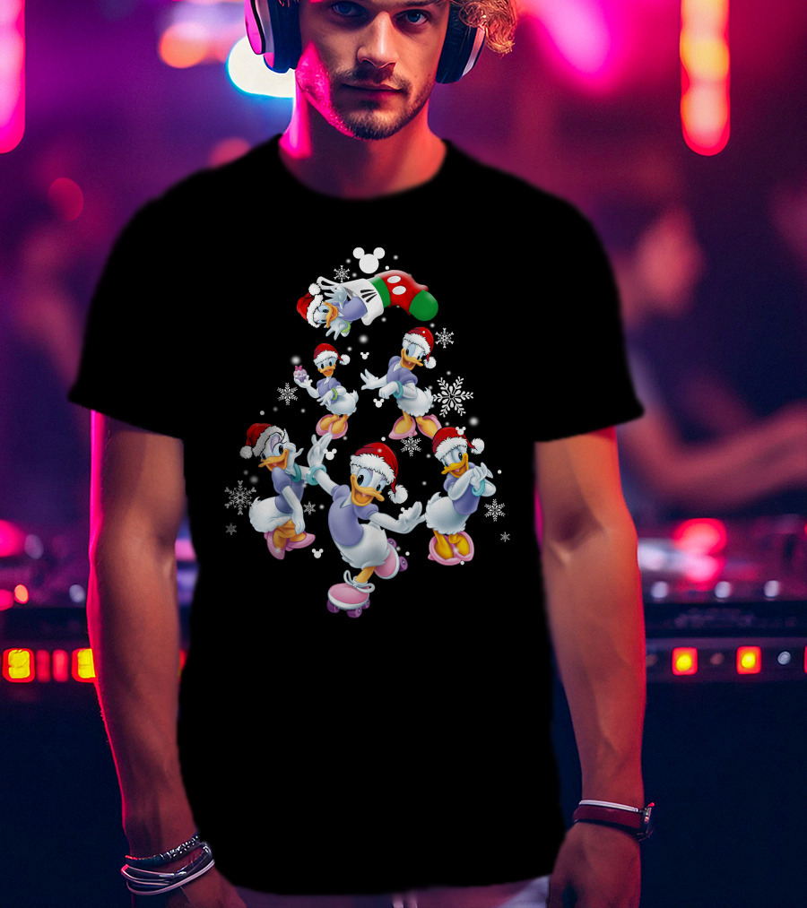 Disney Daisy Duck Christmas Celebration With Santa Hats And Snowflakes T-Shirt