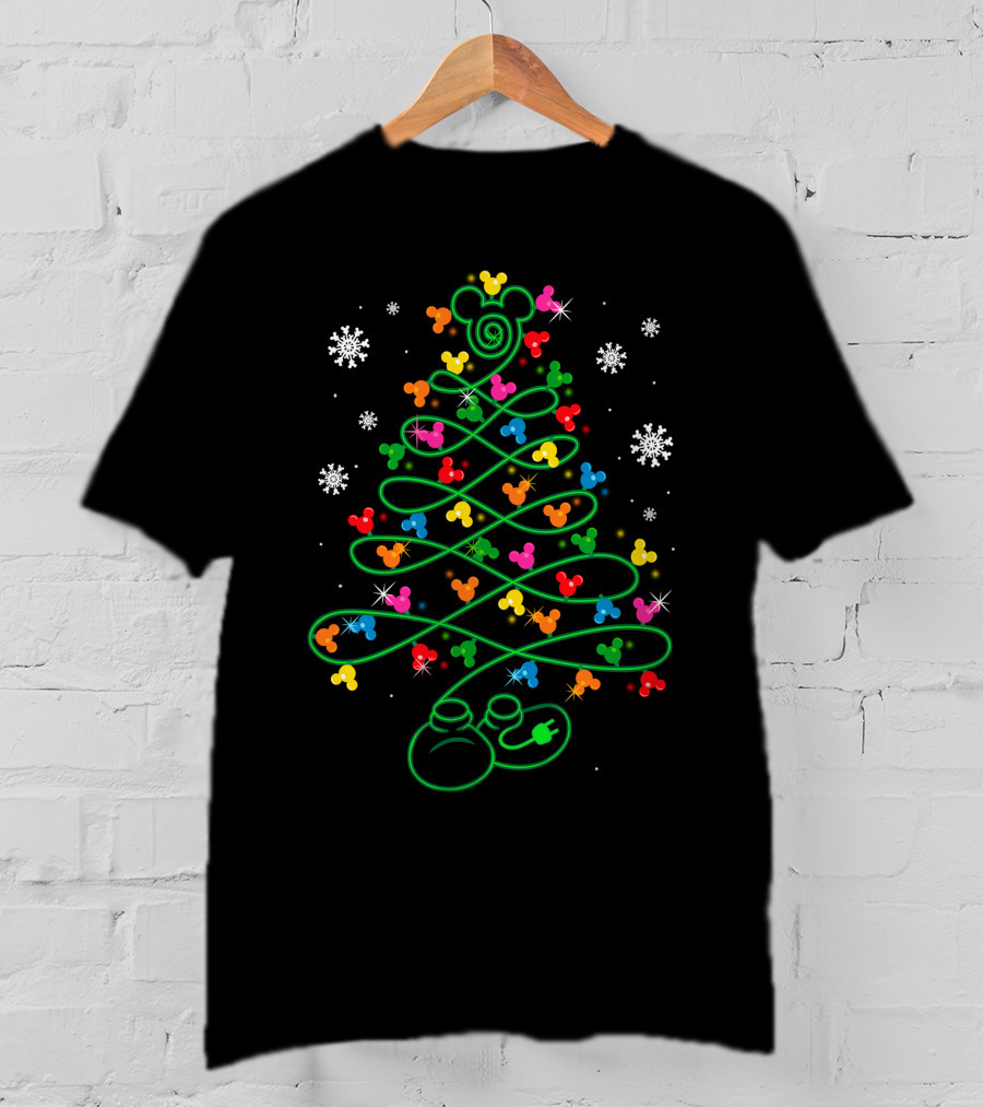 Mickey Mouse Christmas Tree With LED Lights And Snowflakes T-Shirt