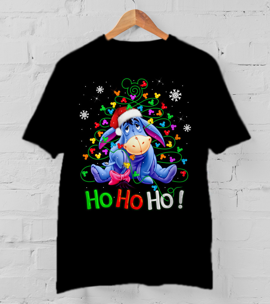 Eeyore Ho Ho Ho Christmas Tree Santa Hat Snowflakes Holiday Disney T-Shirt