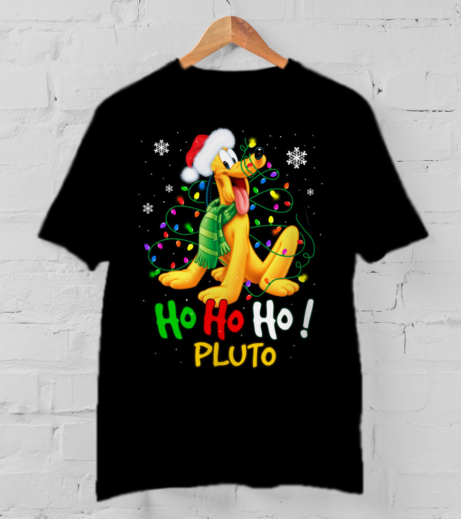 Pluto Ho Ho Ho Christmas Lights Santa Hat T-Shirt