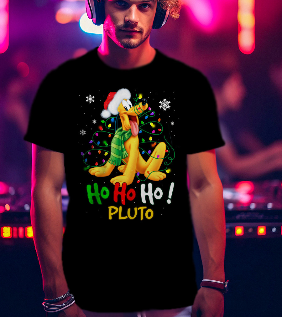 Pluto Ho Ho Ho Christmas Lights Santa Hat T-Shirt