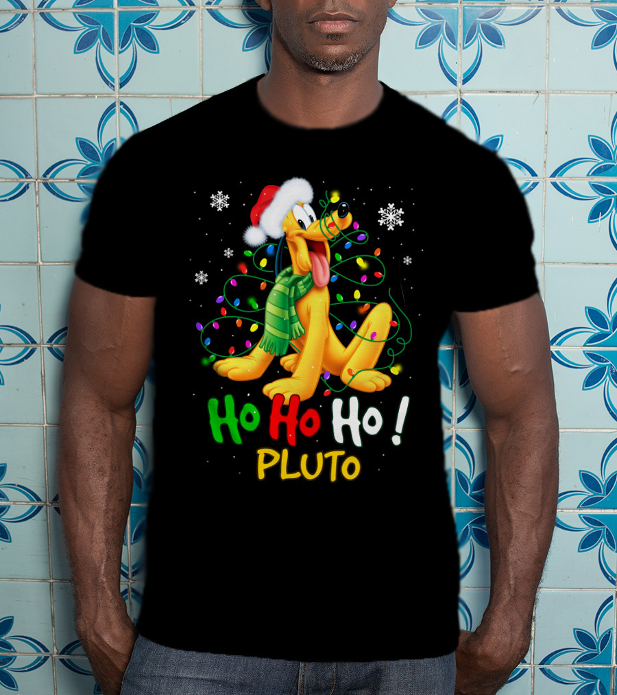 Pluto Ho Ho Ho Christmas Lights Santa Hat T-Shirt