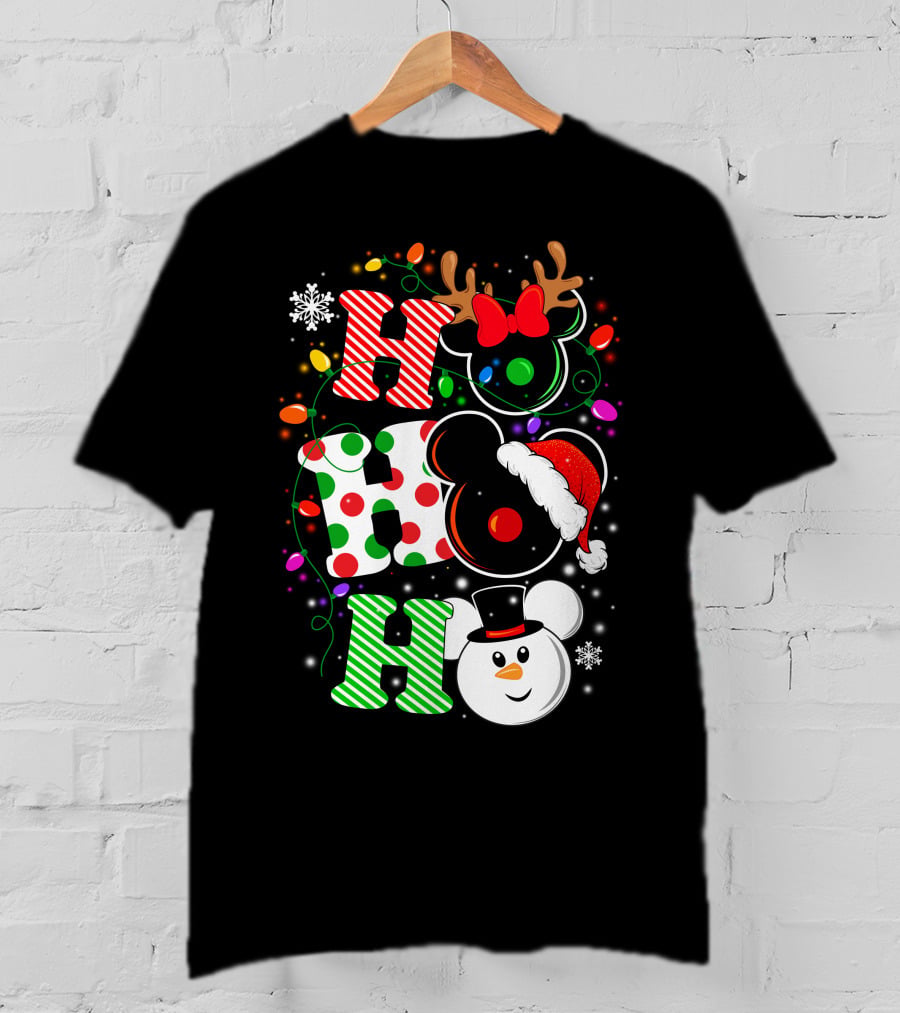 Disney Hohoho Christmas Mickey Mouse Holiday Lights Santa Hat Snowman Antlers T-Shirt