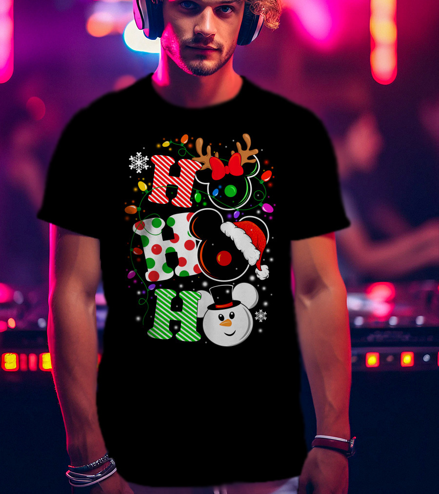 Disney Hohoho Christmas Mickey Mouse Holiday Lights Santa Hat Snowman Antlers T-Shirt