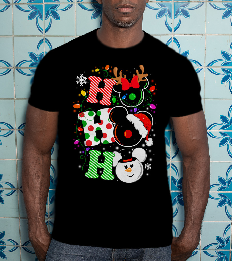 Disney Hohoho Christmas Mickey Mouse Holiday Lights Santa Hat Snowman Antlers T-Shirt