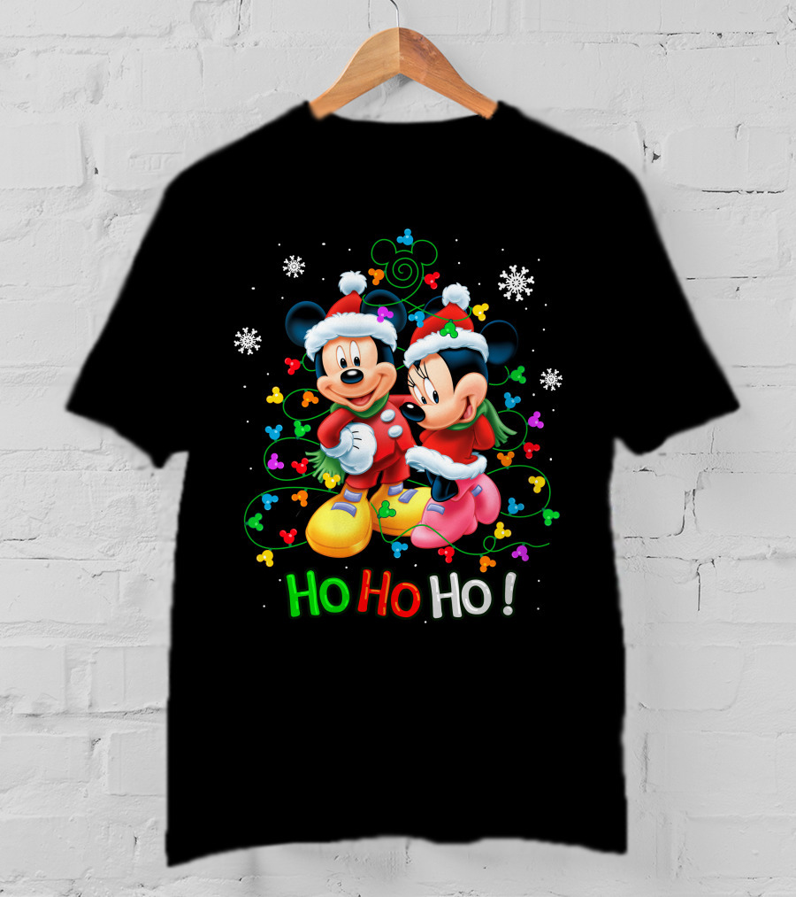 Mickey And Minnie Hohoho Christmas Santa Hats Snowflakes Holiday Tree Lights T-Shirt