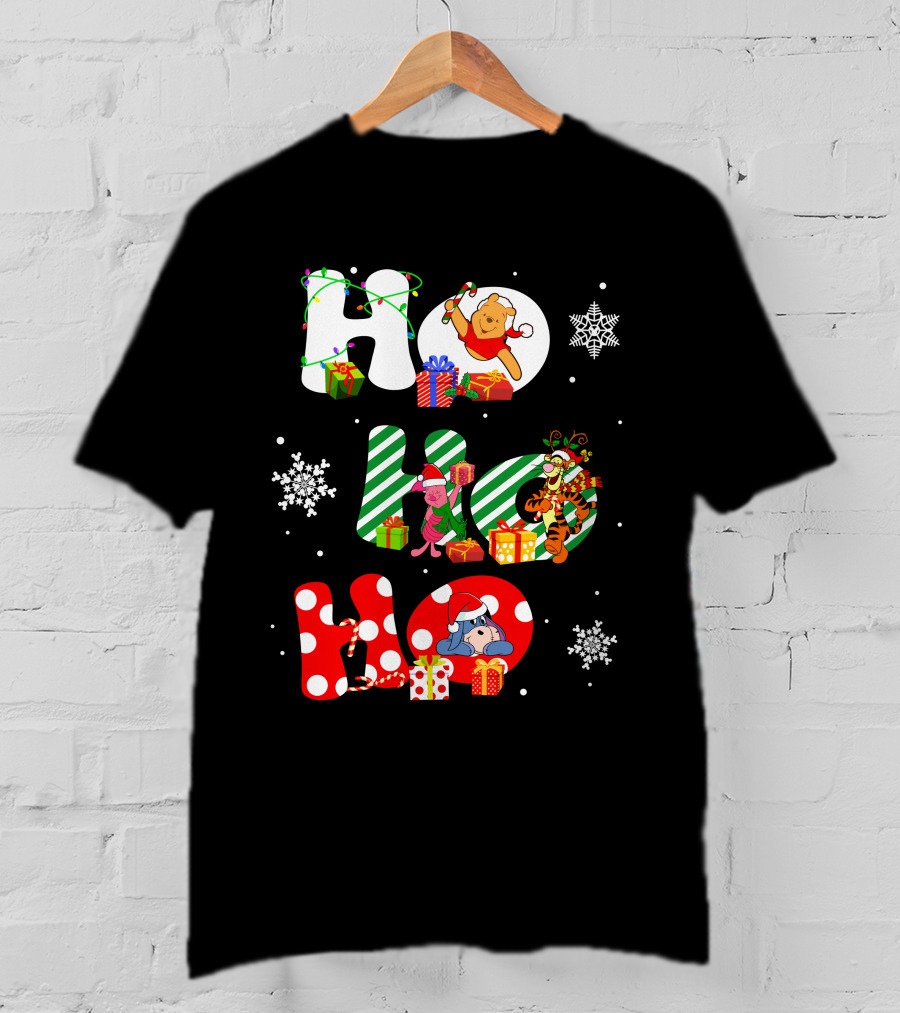 Ho Ho Ho Christmas Winnie The Pooh With Piglet Tigger Eeyore Holiday Snowflakes And Gifts T-Shirt