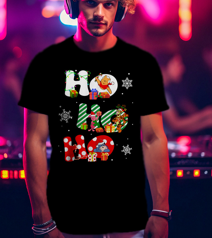 Ho Ho Ho Christmas Winnie The Pooh With Piglet Tigger Eeyore Holiday Snowflakes And Gifts T-Shirt