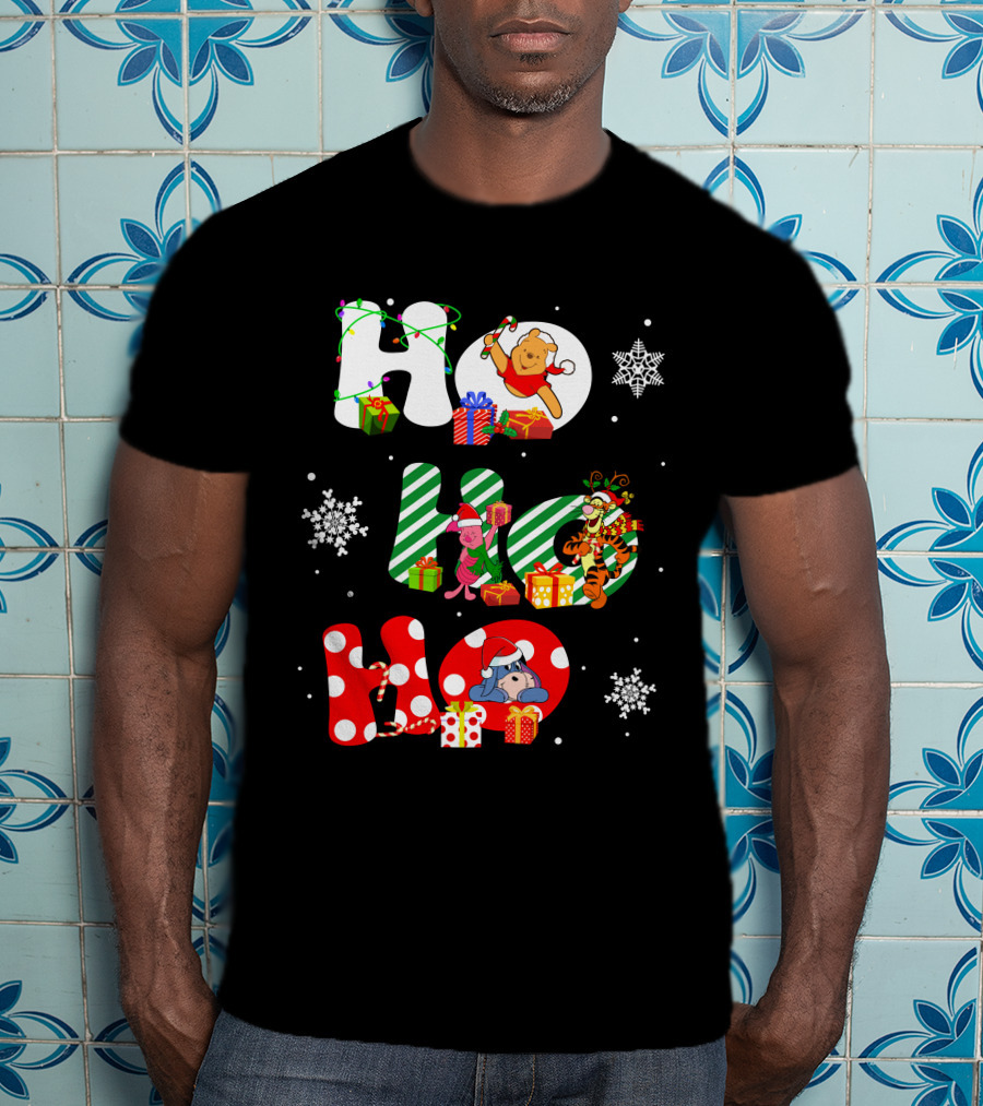 Ho Ho Ho Christmas Winnie The Pooh With Piglet Tigger Eeyore Holiday Snowflakes And Gifts T-Shirt