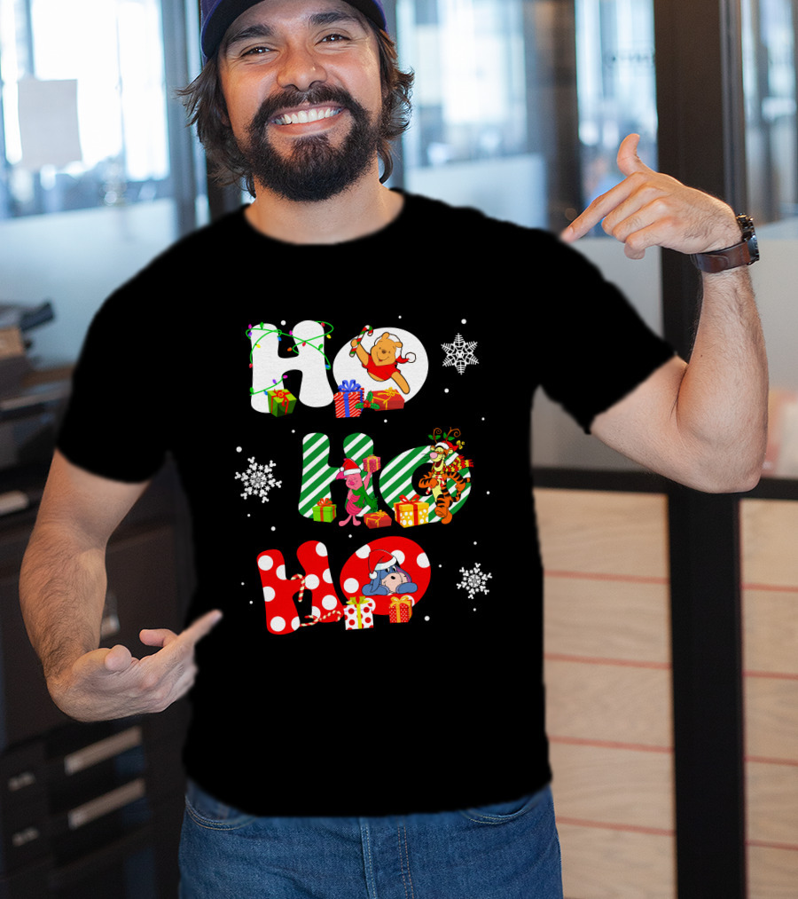 Ho Ho Ho Christmas Winnie The Pooh With Piglet Tigger Eeyore Holiday Snowflakes And Gifts T-Shirt