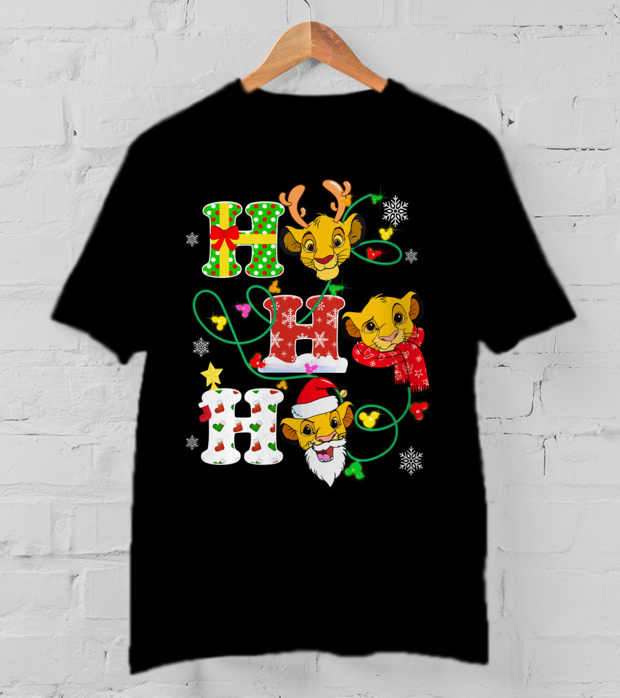 Simba Hohoho Christmas Holiday Festive Lion King Image With Santa Hat Reindeer Antlers Scarf Snowflakes T-Shirt