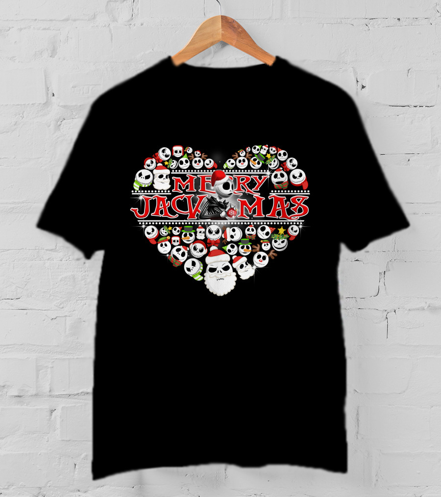 Merry Jackmas Heart Design With Santa Hats And Skulls T-Shirt