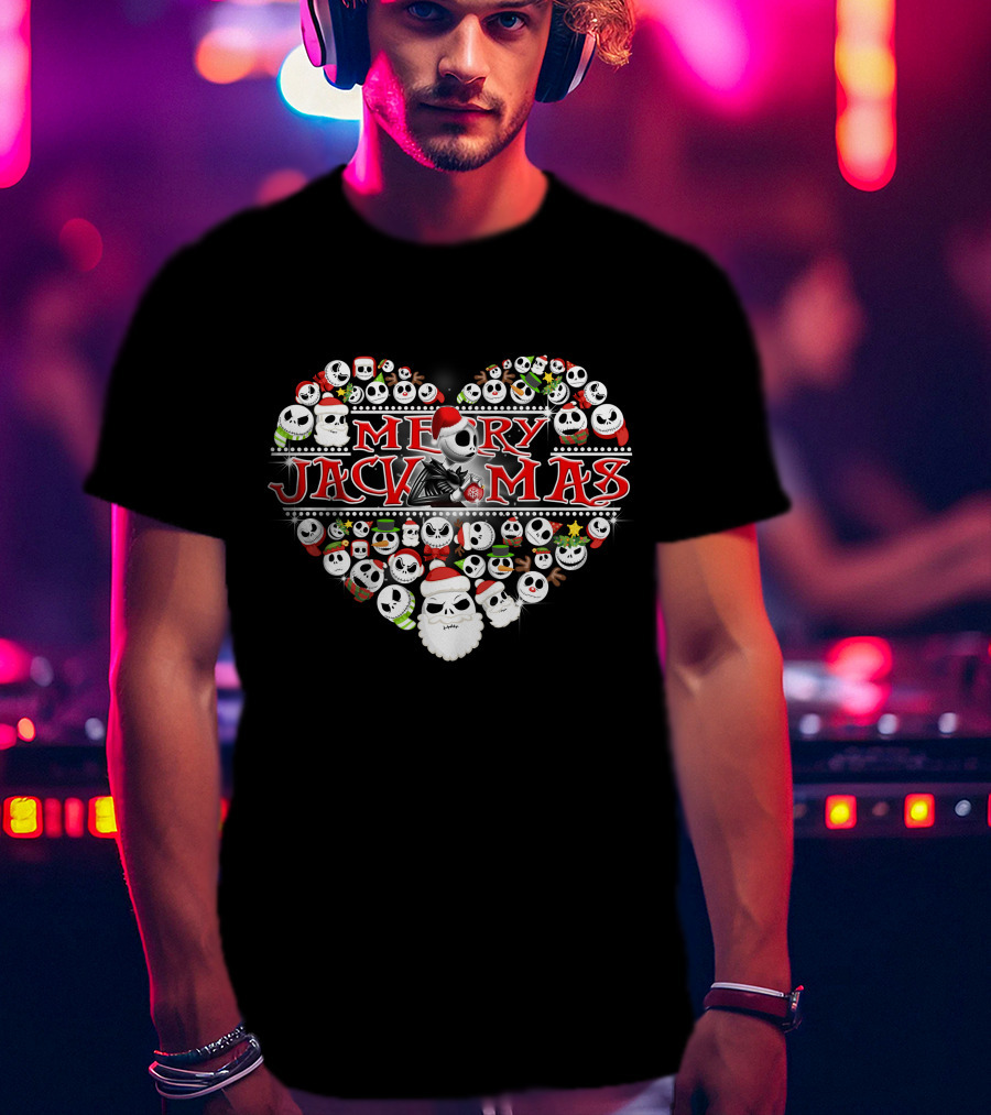 Merry Jackmas Heart Design With Santa Hats And Skulls T-Shirt