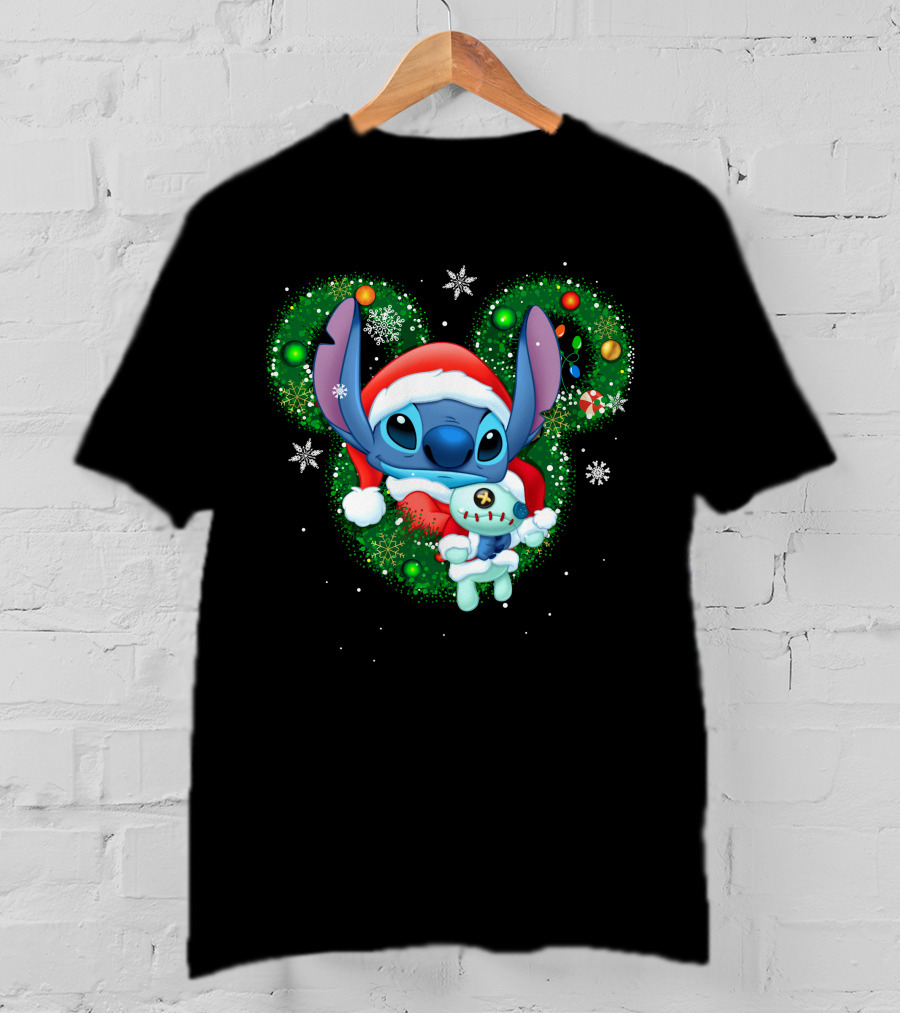 Stitch Christmas Santa Hat Holiday Wreath Snowflakes T-Shirt