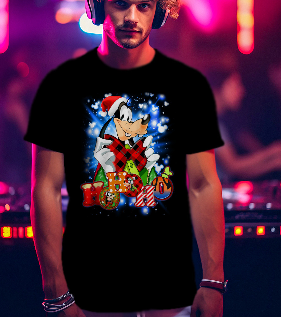 Goofy Hohoho Christmas Santa Hat Festive Bow Holiday Lights T-Shirt