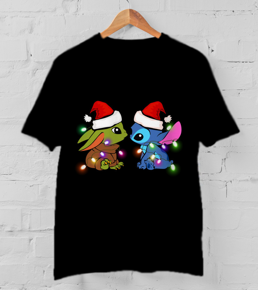 Baby Yoda And Stitch Christmas Lights Santa Hats T-Shirt