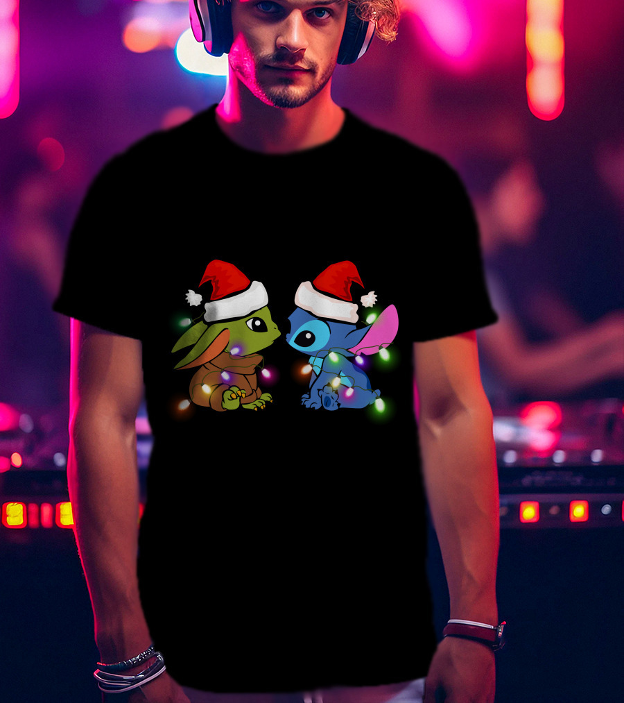 Baby Yoda And Stitch Christmas Lights Santa Hats T-Shirt