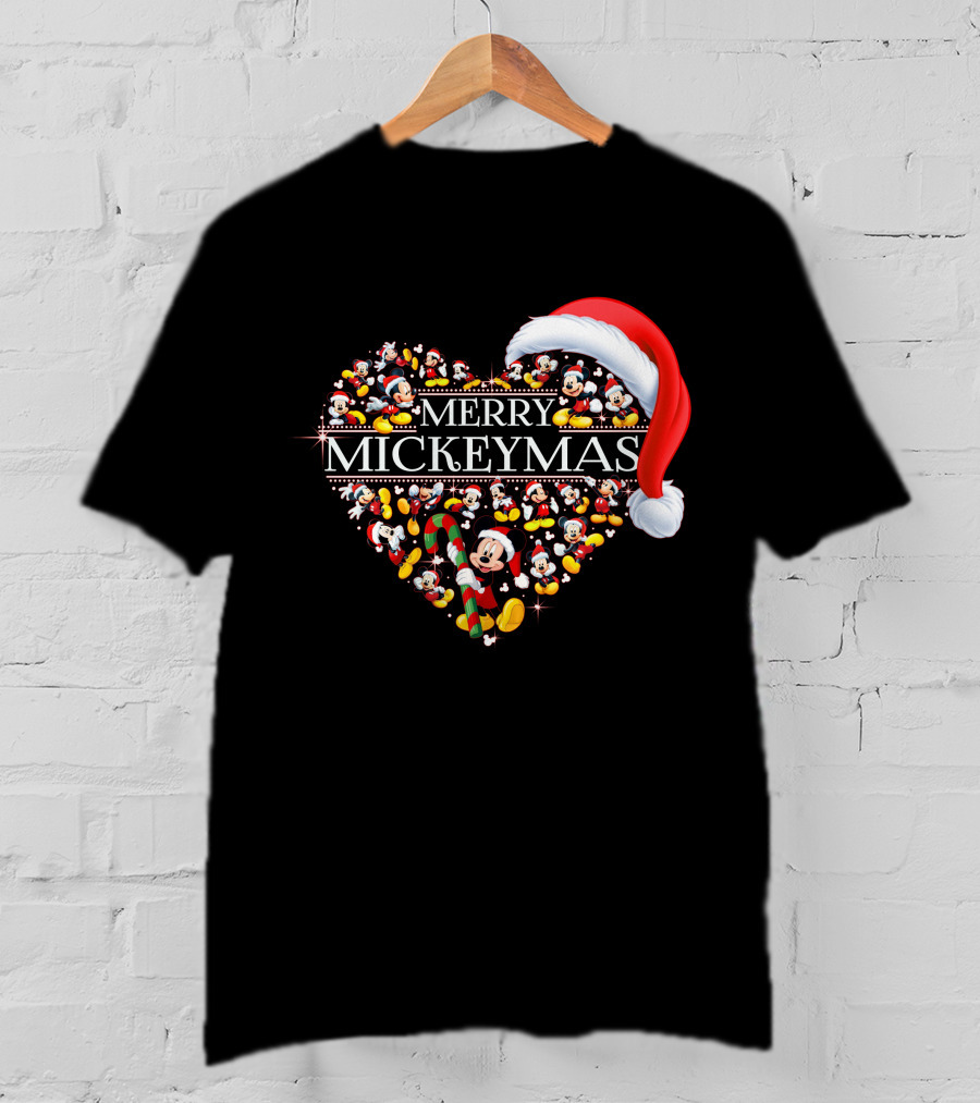 Merry Mickeymas Christmas Heart With Santa Hat And Mickey Characters T-Shirt