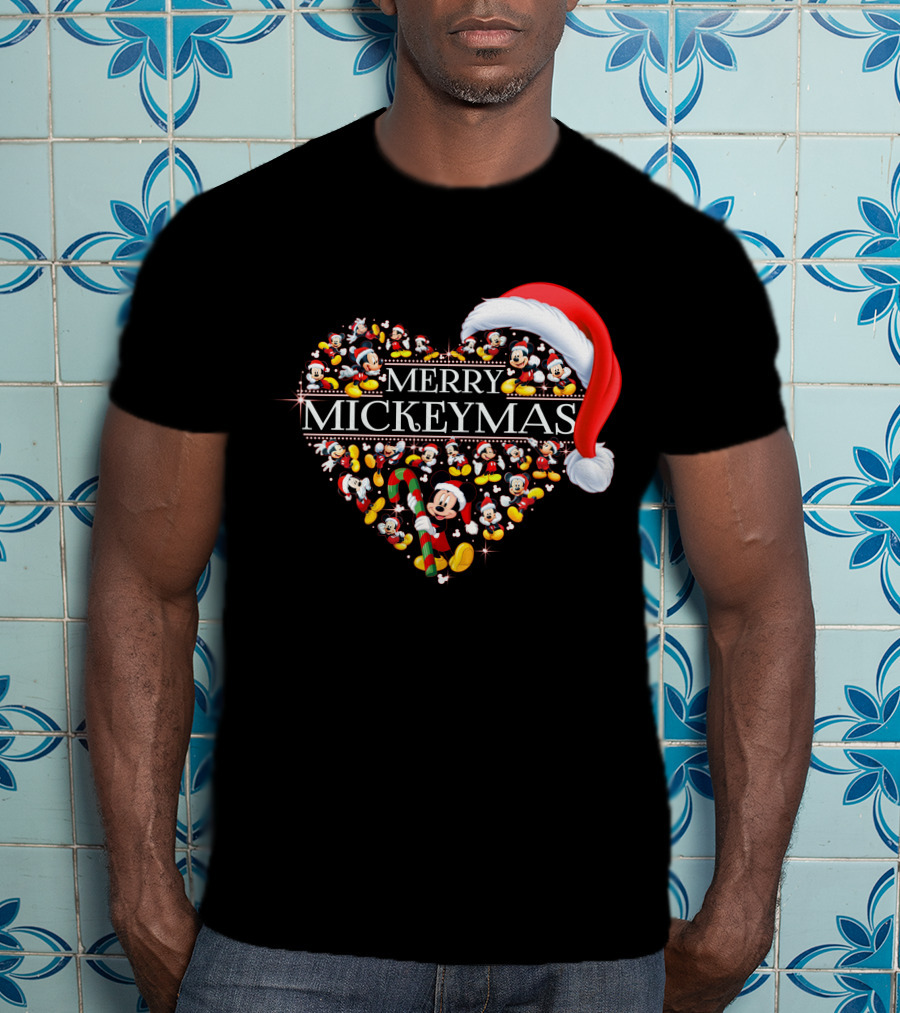 Merry Mickeymas Christmas Heart With Santa Hat And Mickey Characters T-Shirt