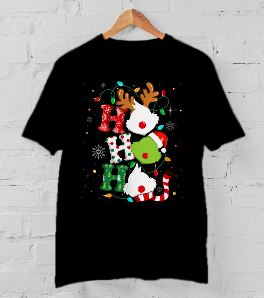Grinch Ho Ho Ho Christmas Lights Reindeer Santa Hat Snowflakes T-Shirt
