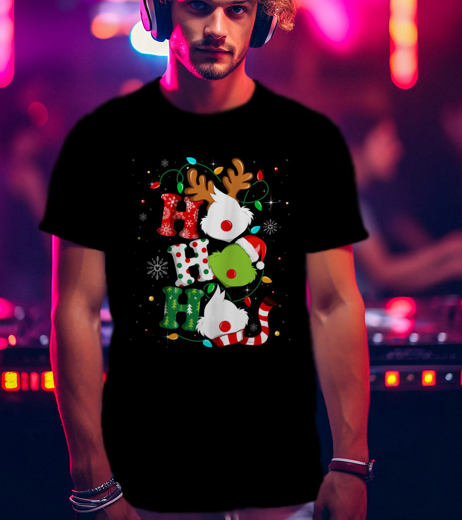 Grinch Ho Ho Ho Christmas Lights Reindeer Santa Hat Snowflakes T-Shirt